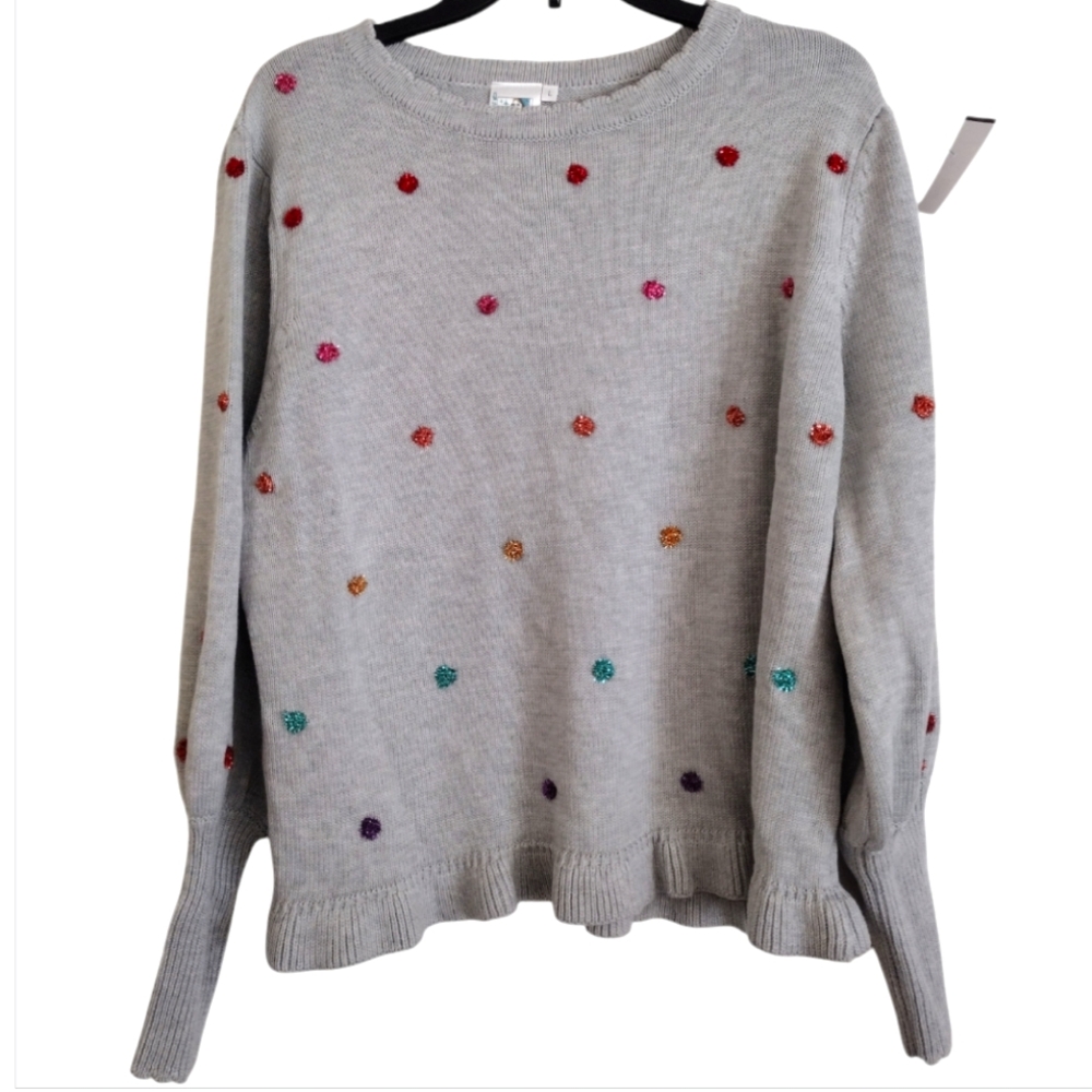 Queen of Sparkles light grey multicolor glitter Polka Dot Sweater Size Large